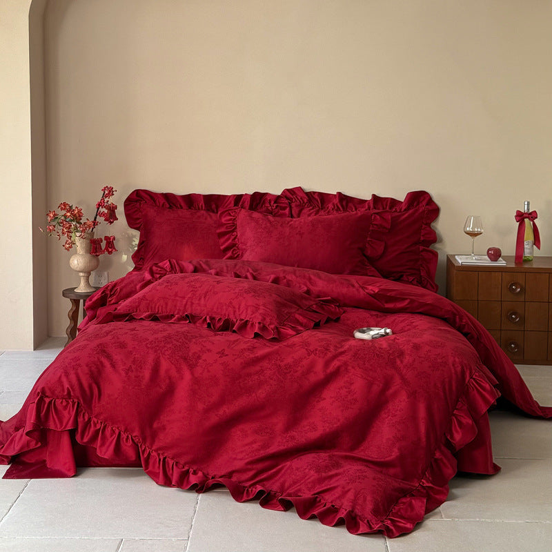 Ruffled Jacquard Cotton Duvet Cover Set with Embossed Floral Motif and Matching Pillow Shams