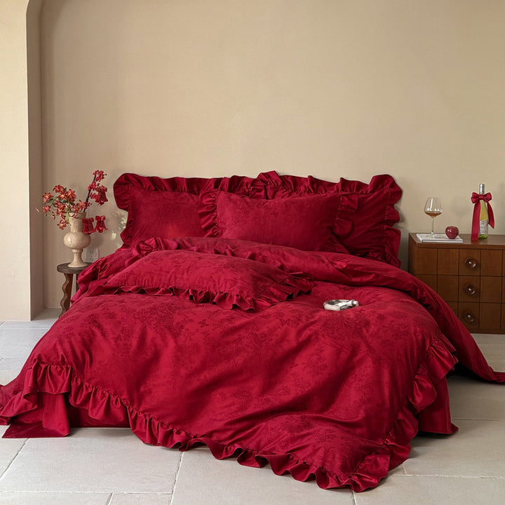 Ruffled Jacquard Cotton Duvet Cover Set with Embossed Floral Motif and Matching Pillow Shams