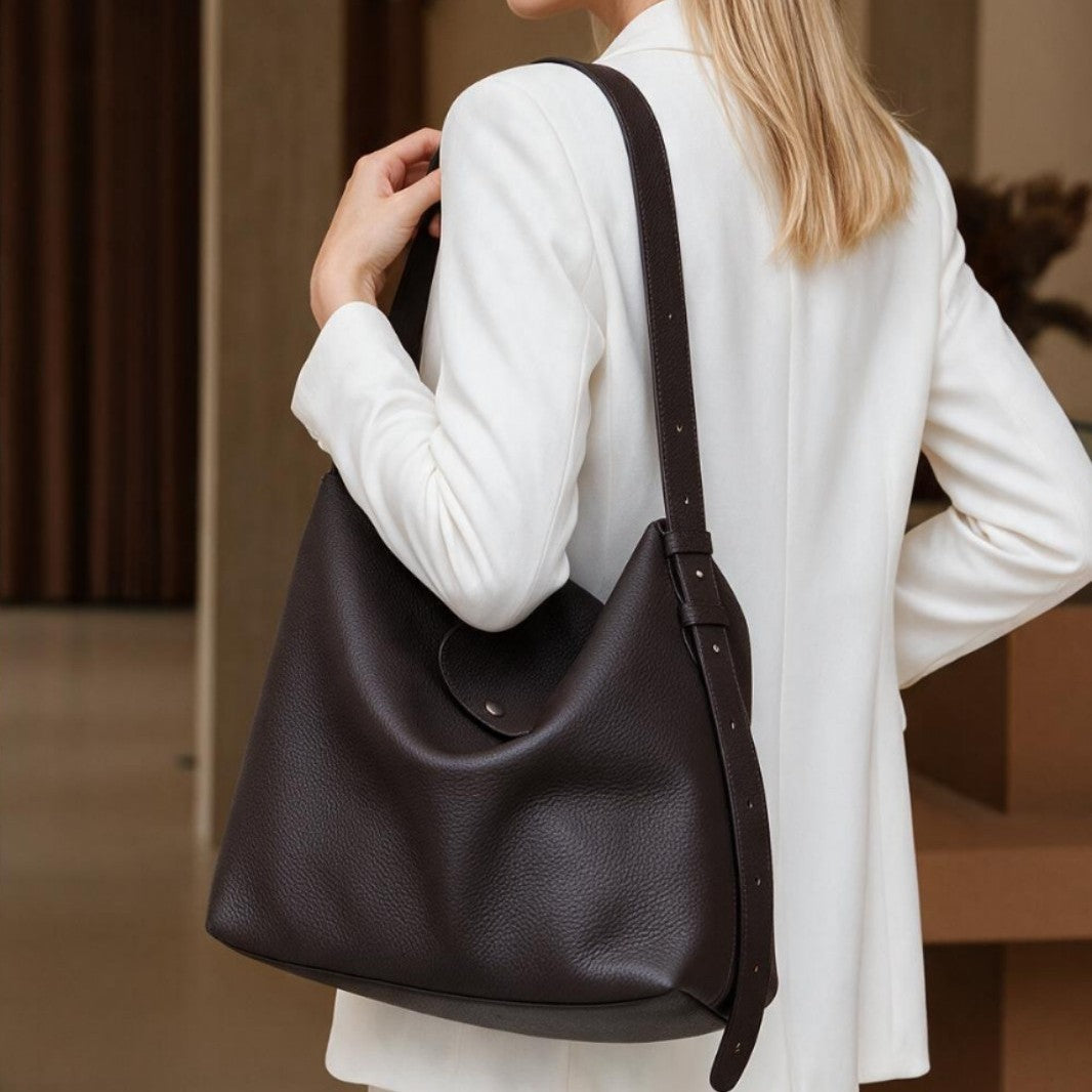 Sculptural Pebbled Leather-Effect Hobo Shoulder Bag with Adjustable Buckle Strap