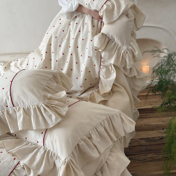 Frilled Organic-Linen Blend Duvet Cover & Sham Set with Hand-Embroidered Red Dot Motif