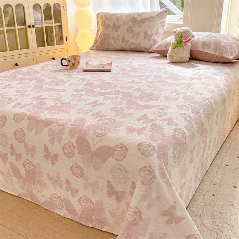 Reversible lightweight bedspread with floral butterfly jacquard texture