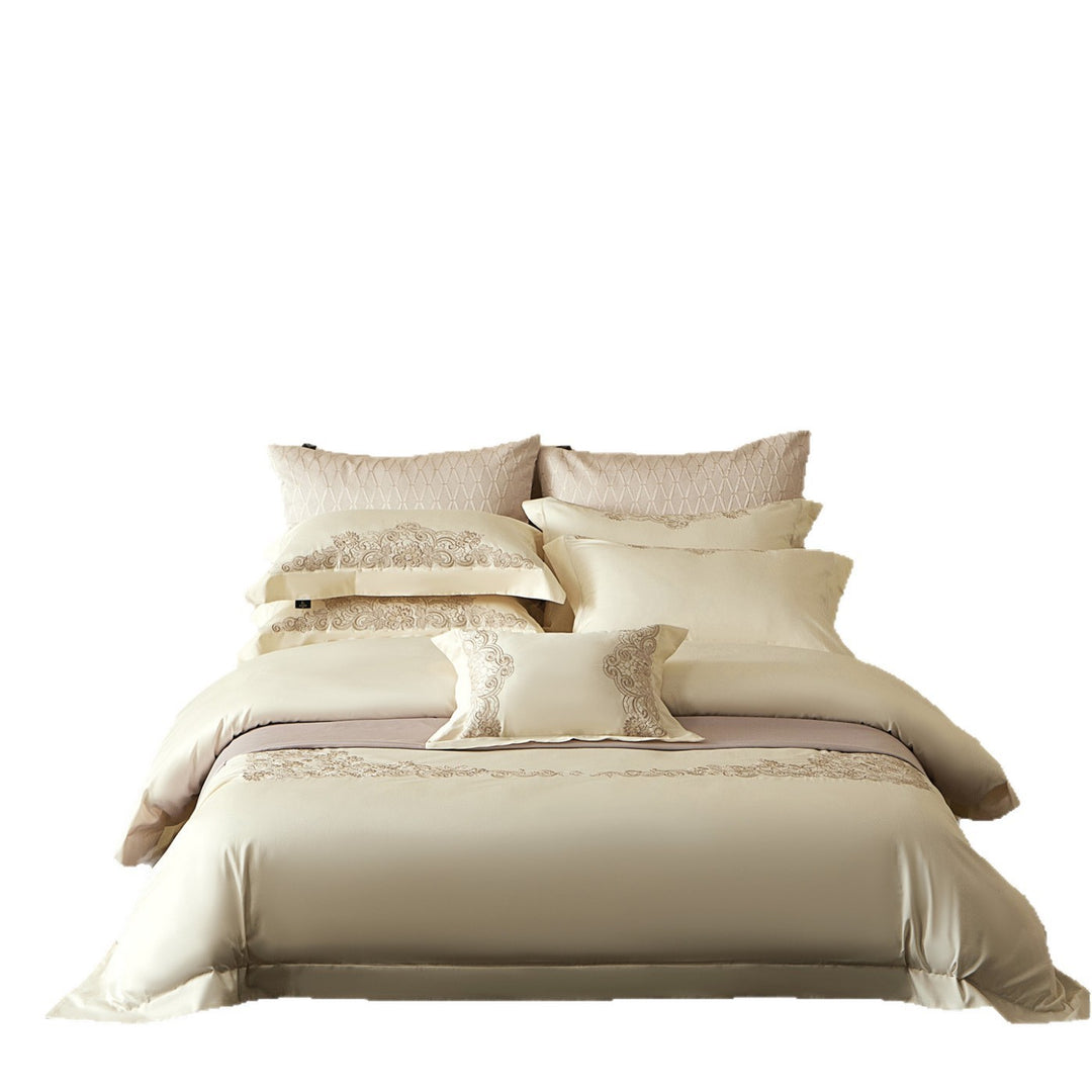 Embroidered Sateen Duvet Cover Set with Lace-Edge Pillow Shams