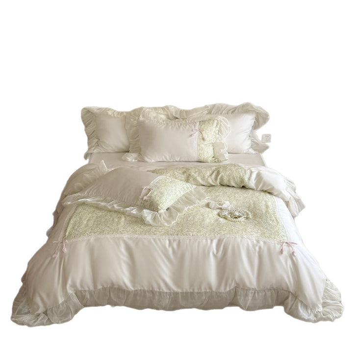 Romantic Ruffled Satin Duvet Cover Set with Floral Panel and Lace Trim