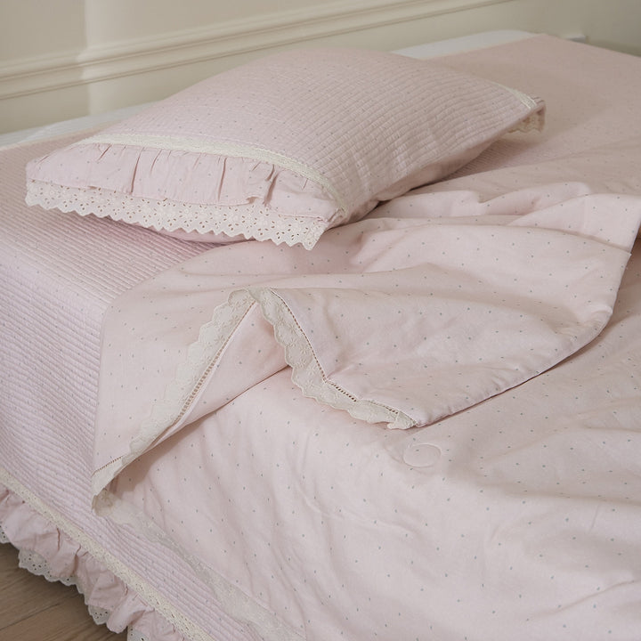 Quilted Floral Cotton Bedspread Set with Eyelet Lace Ruffled Pillowcase