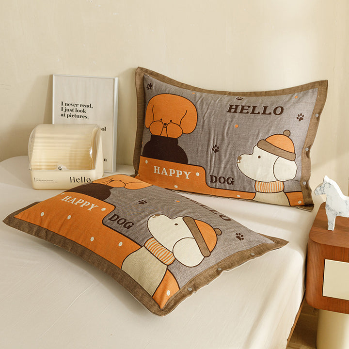 Children's and Youth Pillowcase Set with Cute Pet Design, Heart Print and Button Closure