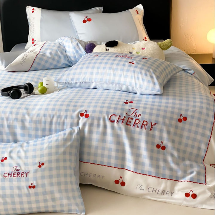 Pastel Gingham Cherry Embroidered Bedding Duvet Cover Set with Satin-Edge Pillow Shams