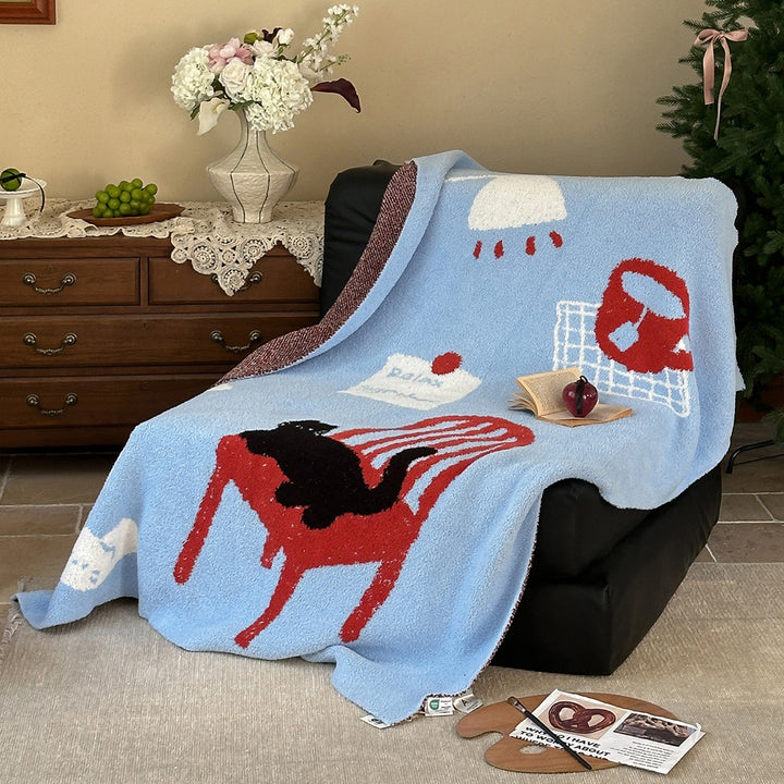Plush Jacquard Throw Blanket with Playful Cat and Chair Motif