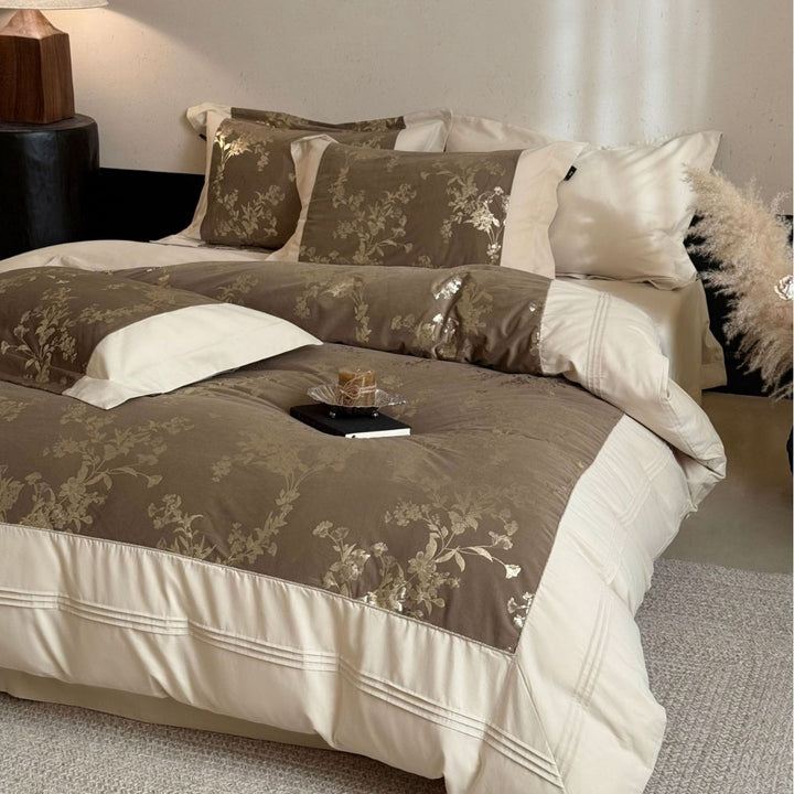 Elegant Reversible Duvet Cover and Pillowcase Set with Jacquard Flower Panel and Fine Quilted Edge