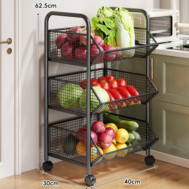Three-Tier Rolling Mesh Produce and Pantry Storage Cart with Swivel Casters