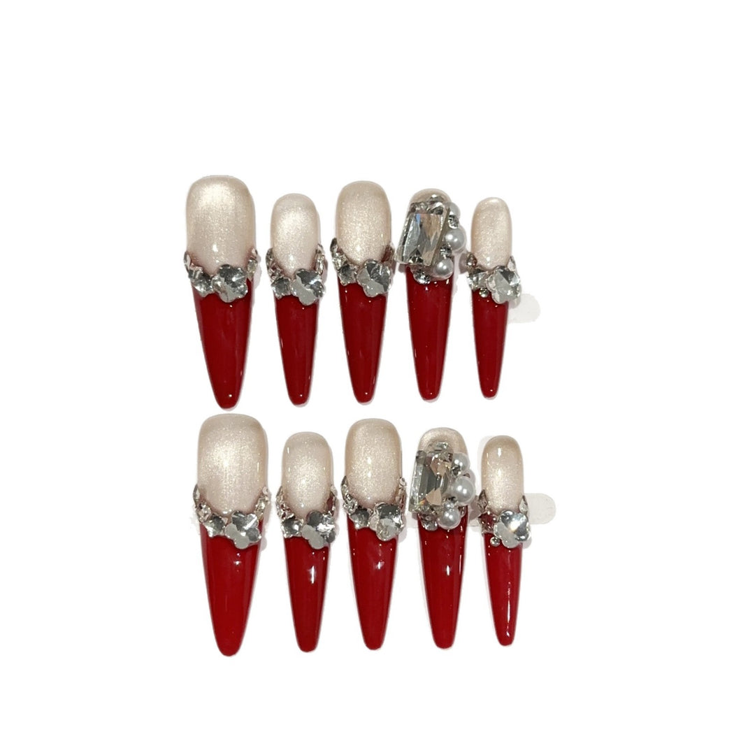 Decorative Stiletto Press-On Nail Set with Crystal Accents