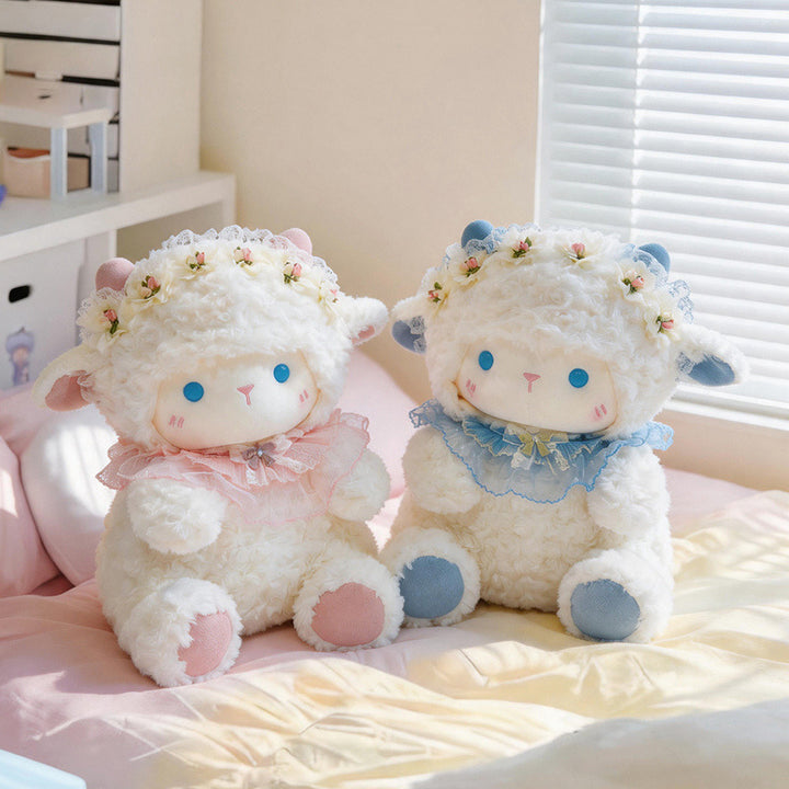 Plush Lamb Sitting Collectible with Floral Lace Headband and Decorative Ruffle Collar Stornfield