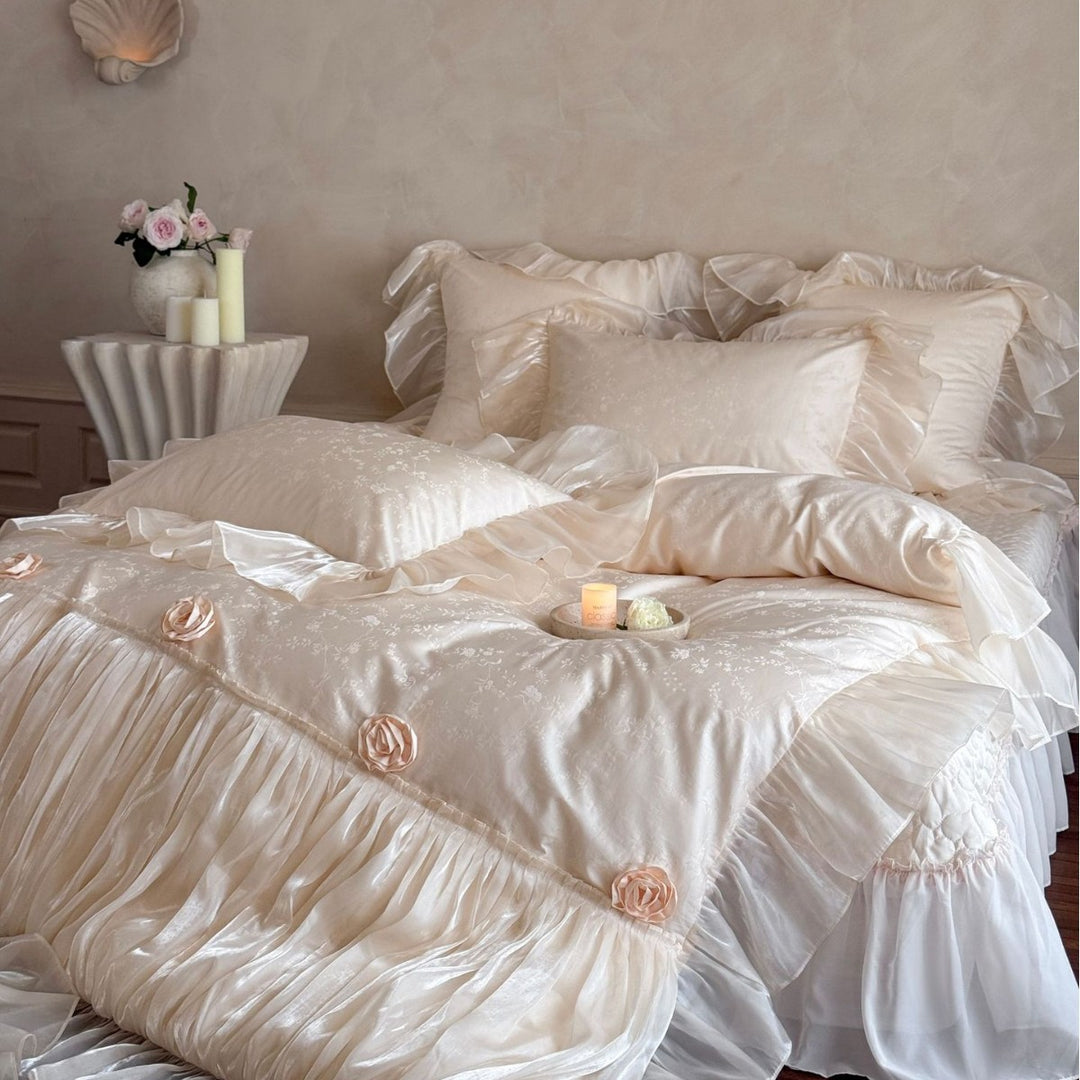 Luxurious satin bedding set with ruffles and rose appliqués