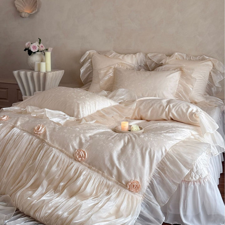 Luxurious satin bedding set with ruffles and rose appliqués