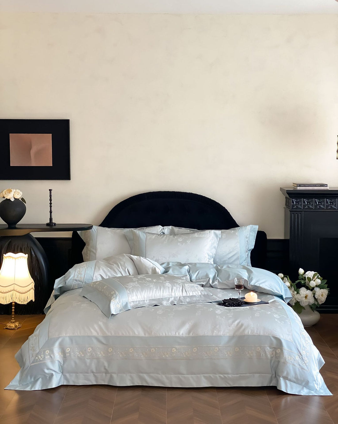 Finest satin bed linen set with delicate jacquard floral trim and pleated finish Stornfield