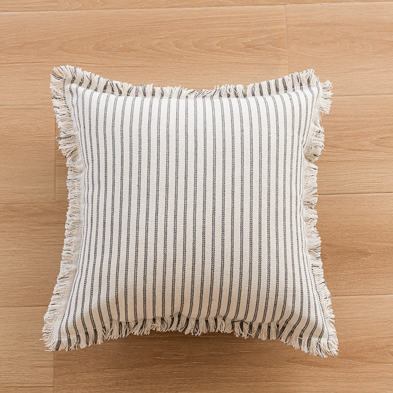 Striped Coastal-Inspired Cotton Square Pillow Cover with Fringed Edge and Concealed Zip