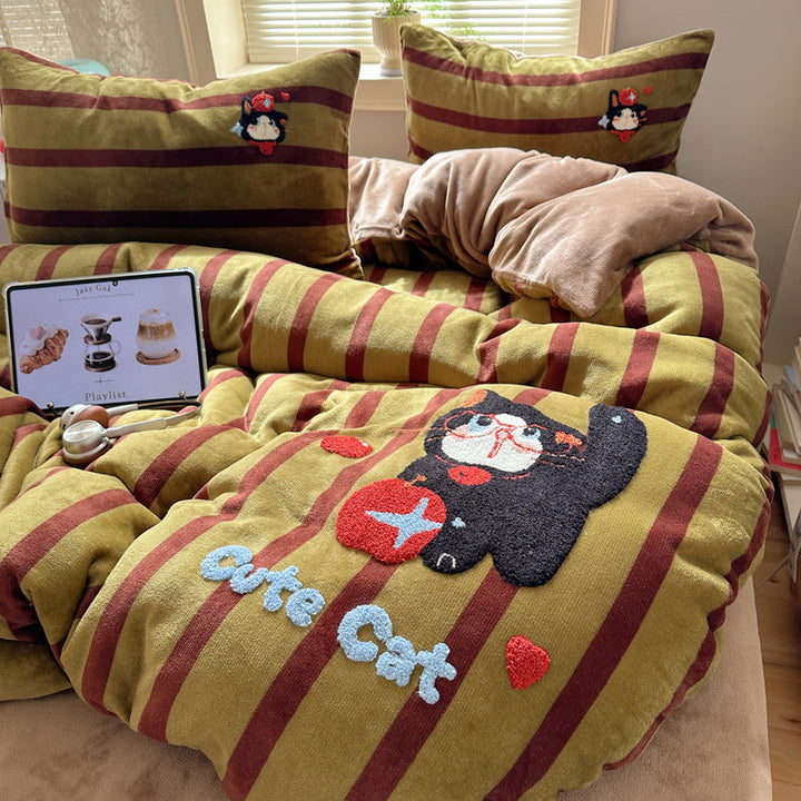 Plush Embroidered Cat Stripe Comforter Bedding Set