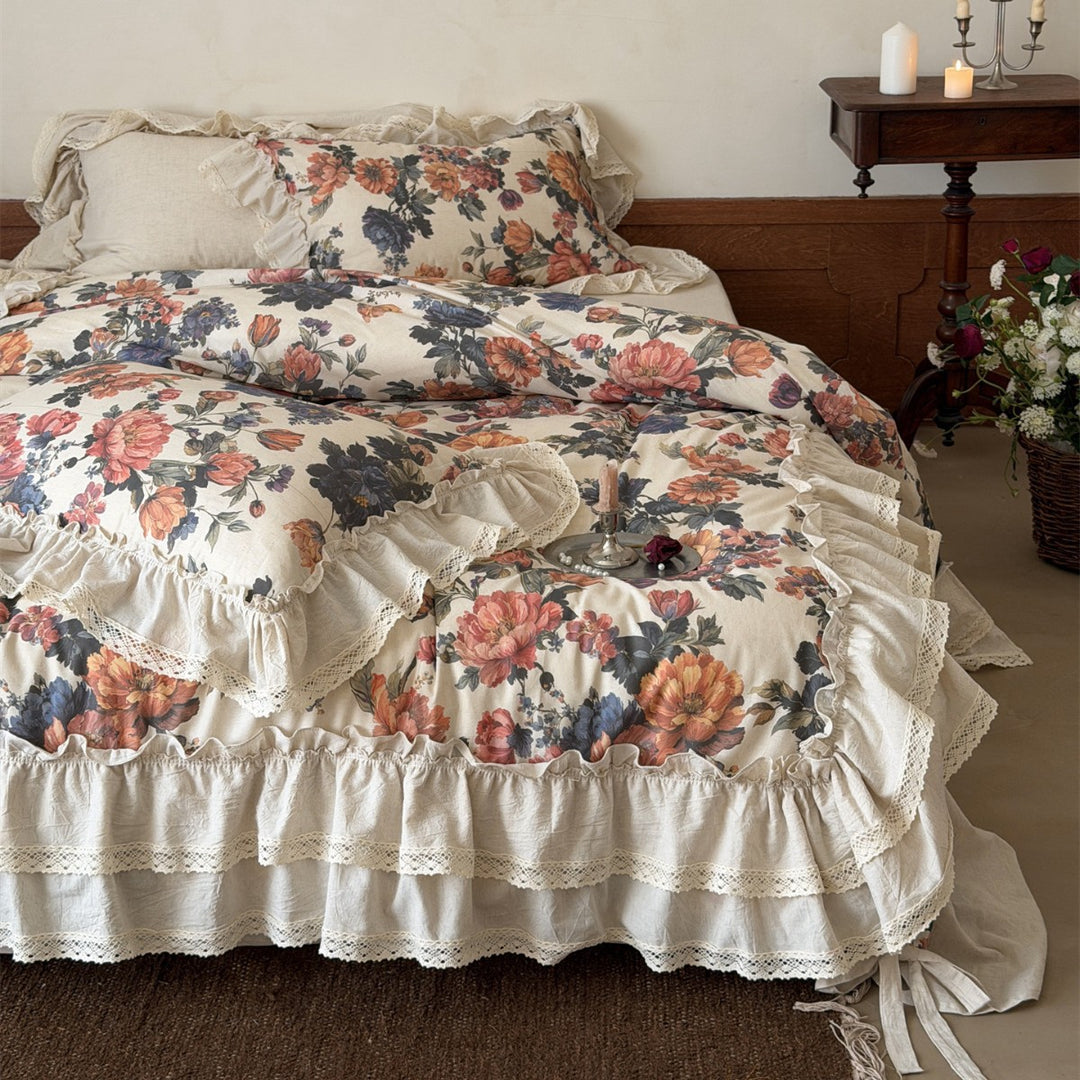 Floral Ruffled Cotton Duvet Cover Set with Lace Trim and Layered Bed Skirt
