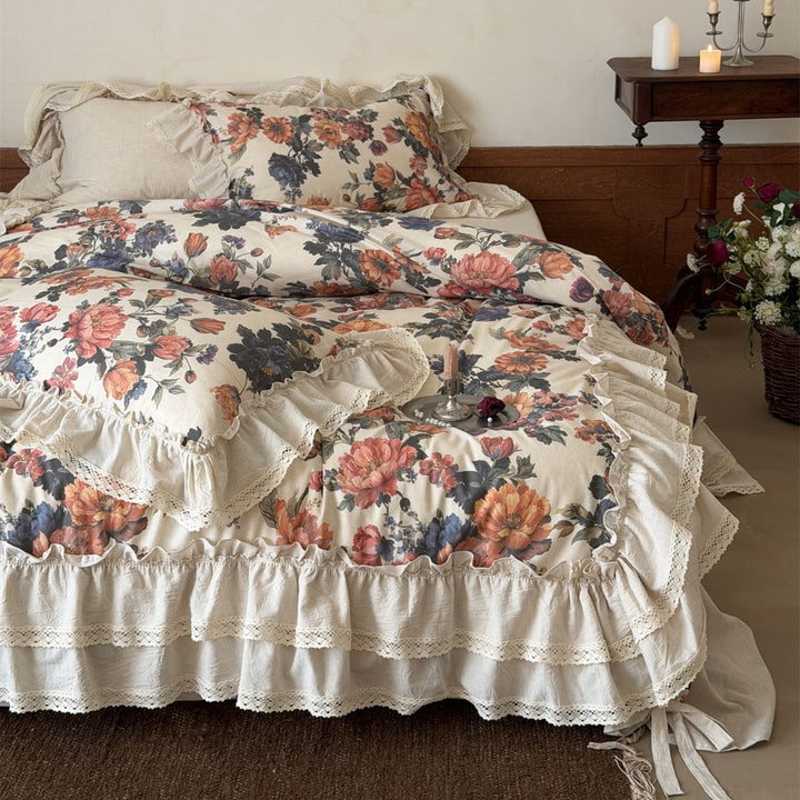 Floral Ruffled Cotton Duvet Cover Set with Lace Trim and Layered Bed Skirt