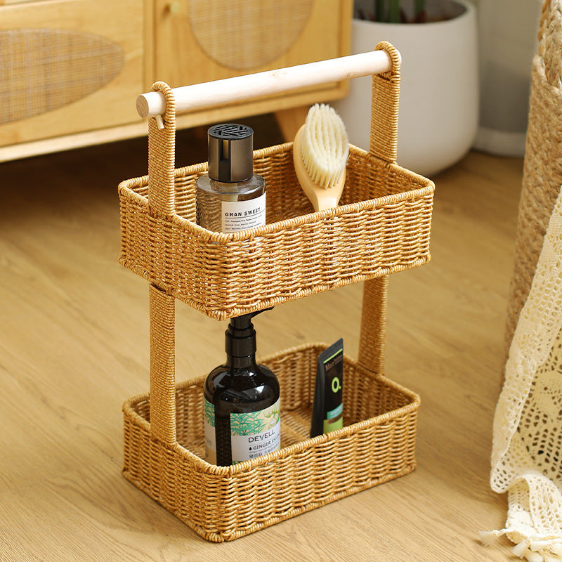 Unisex Two-Tier Storage Basket with Wooden Handle Stornfield