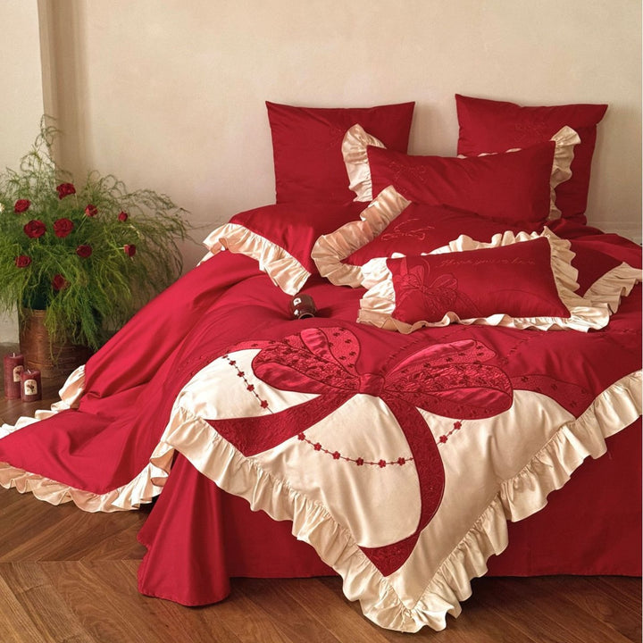 Premium Satin Bed Set with Ruffle Frill and Appliquéd Bow Embroidery Stornfield