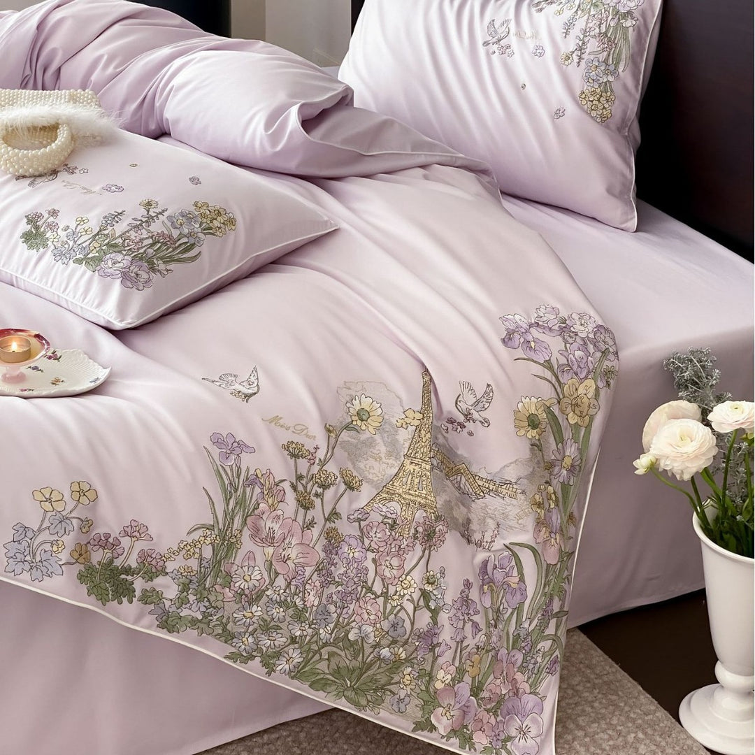 Elegant cotton satin bedding set with fine floral embroidery and Paris motif
