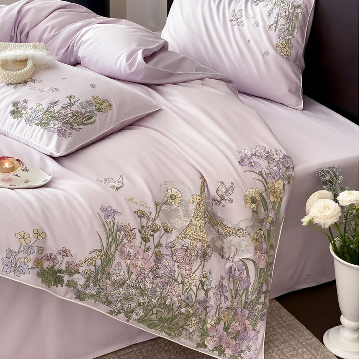 Elegant cotton satin bedding set with fine floral embroidery and Paris motif