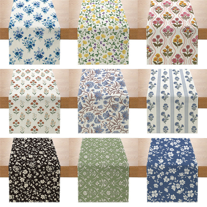Decorative Cotton-Linen Table Runner with Printed Floral Bouquet Pattern