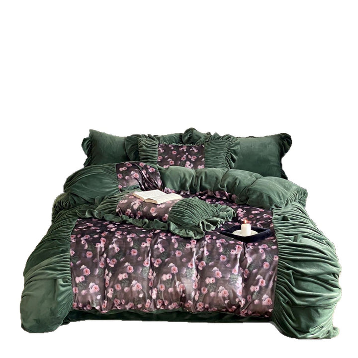 Floral Plush Velvet Panel Duvet Cover Set with Ruched Ruffle Trim
