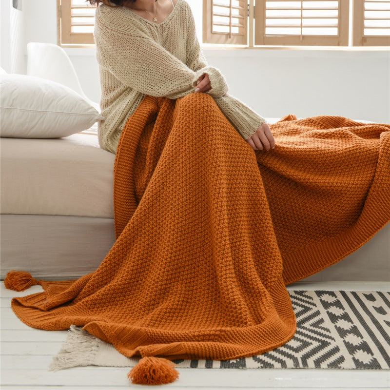 Oversized Waffle-Knit Cotton-Blend Throw Blanket with Pom-Pom Tassels