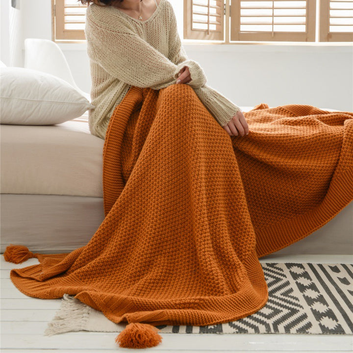 Oversized Waffle-Knit Cotton-Blend Throw Blanket with Pom-Pom Tassels