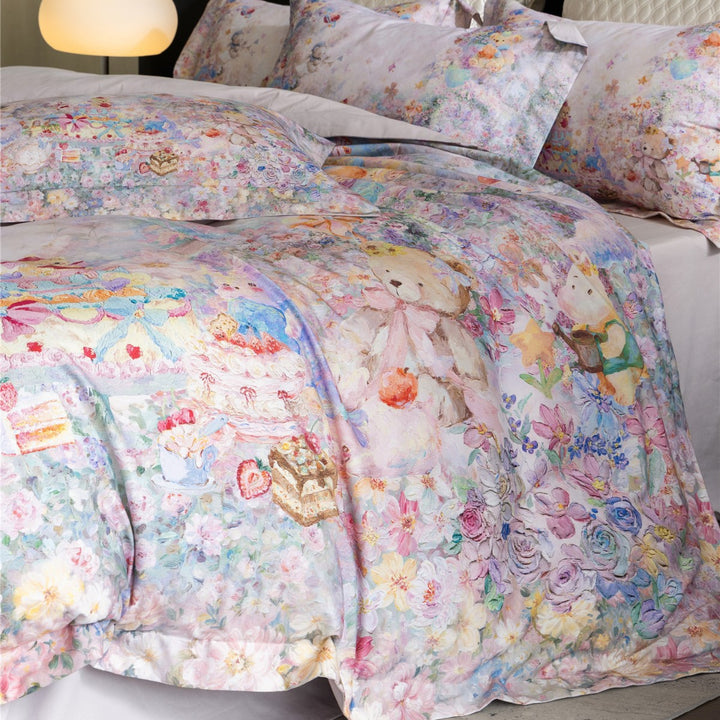 Watercolor Teddy Bear Floral Duvet Cover Set