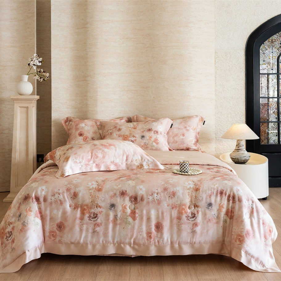 Bedding set with watercolor floral print and fine cotton satin finish