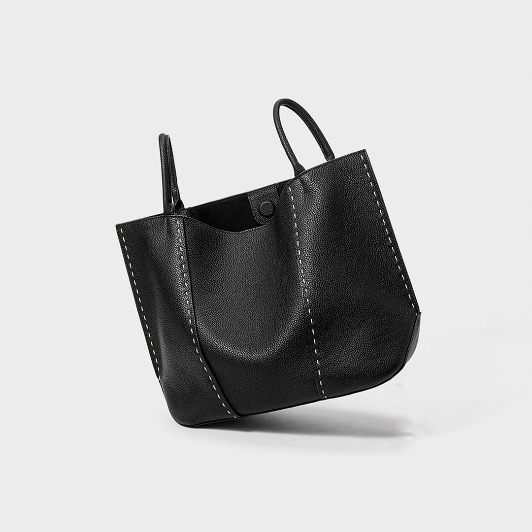 Pebbled Leather Two-Handle Snap-Top Tote with Contrast Stitch Detailing