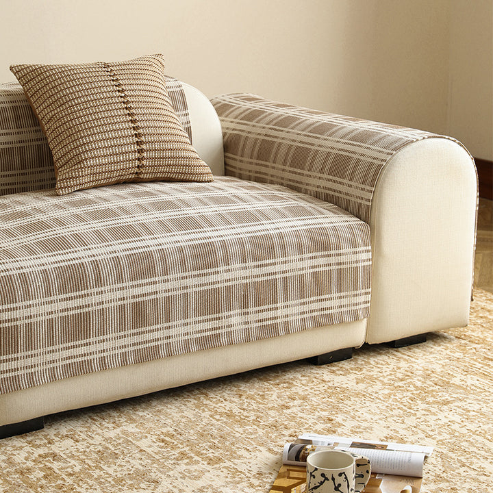 Stretch Sofa Cover with Checked Jacquard Pattern and Removable Armrest Covers Stornfield