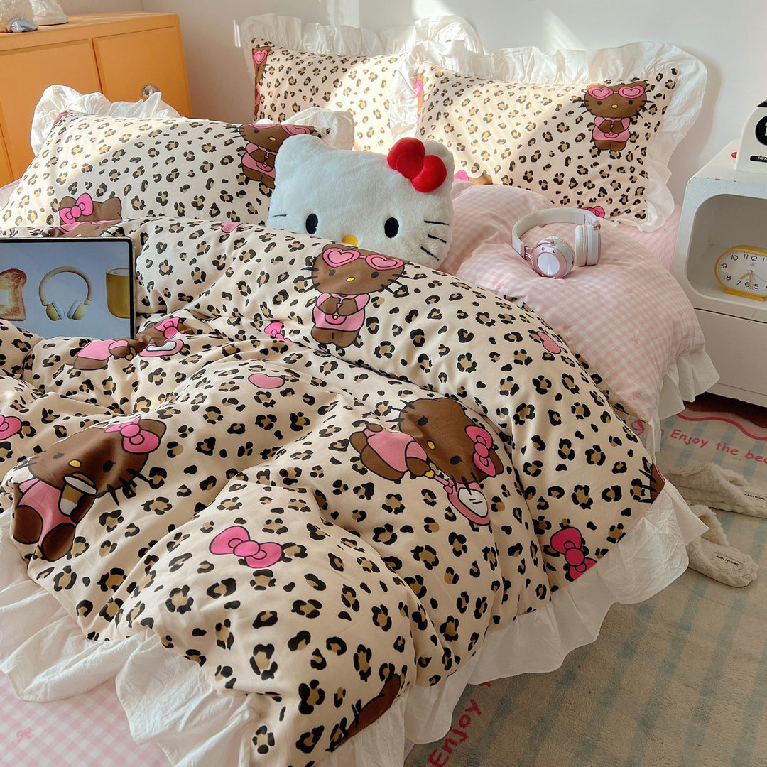 Cartoon Plaid Cotton Percale Duvet Cover Set with Ruffled Sham and Reversible Back
