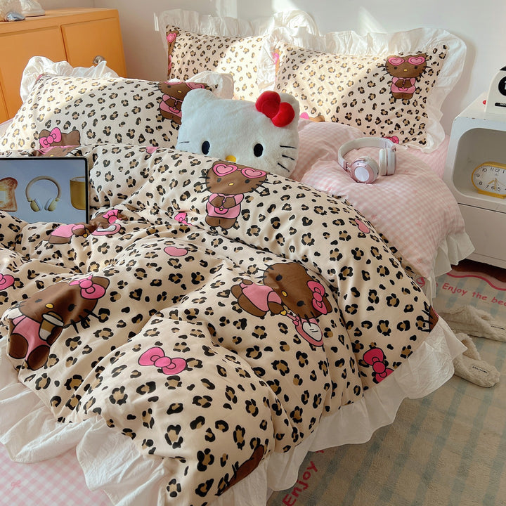 Cartoon Plaid Cotton Percale Duvet Cover Set with Ruffled Sham and Reversible Back