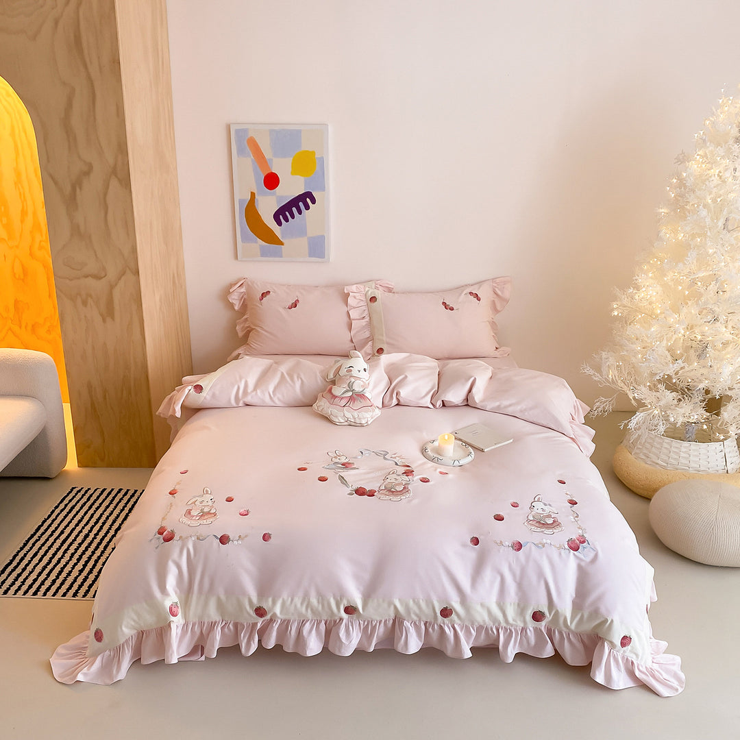 Ruffled Embroidered Bunny Cotton-Sateen Duvet Cover Set with Pillow Shams