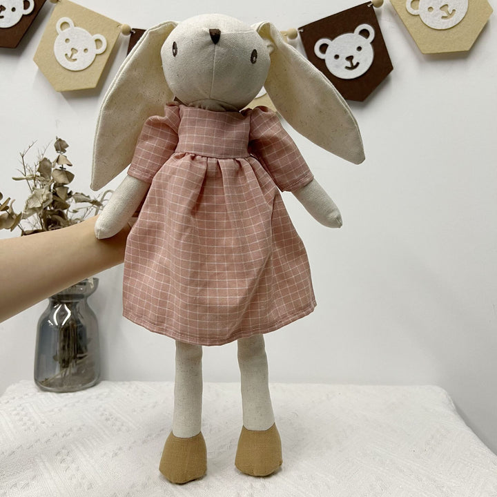 Handmade Linen Long-Leg Bunny Soft Toy with Embroidered Overalls