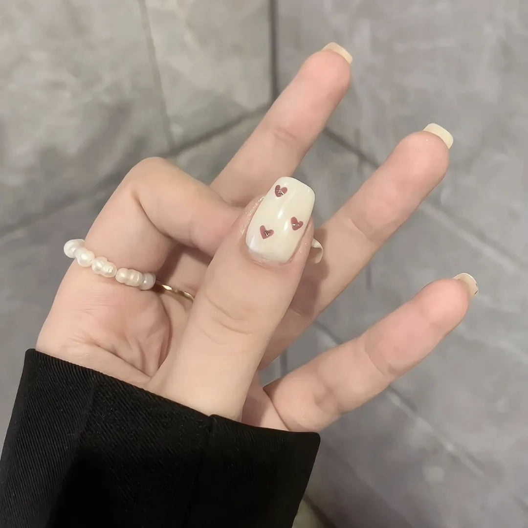 Decorative Press-On Nail Set with Heart and Bow Designs