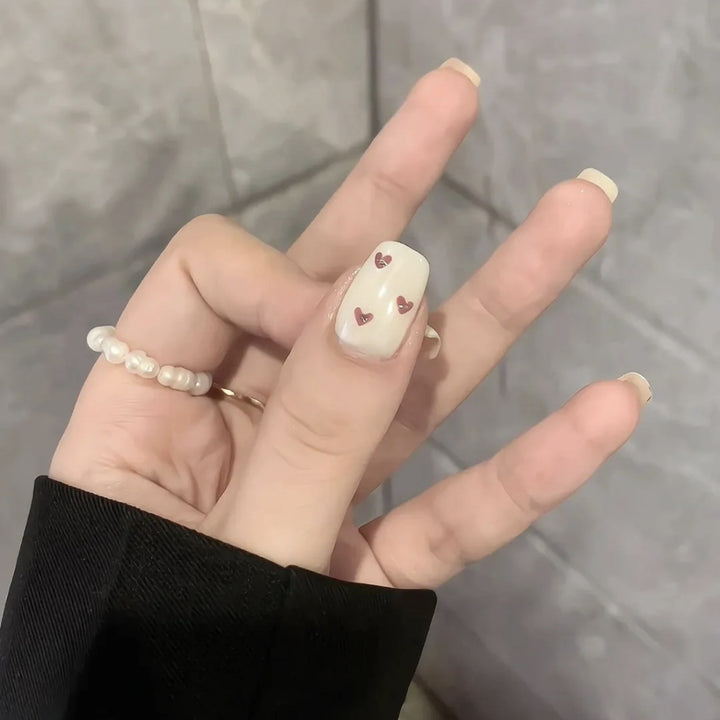 Decorative Press-On Nail Set with Heart and Bow Designs