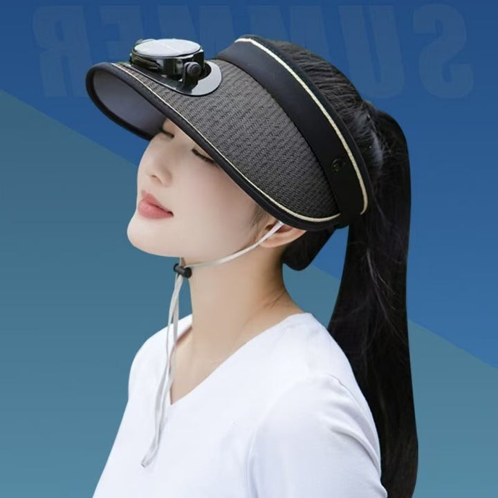 Adjustable sunshade for with removable solar fan and breathable straw effect Stornfield