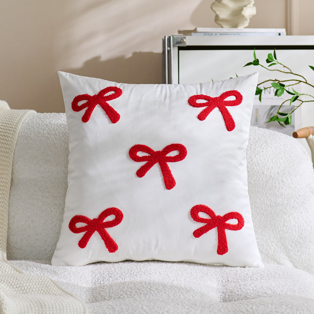 Embroidered Bouclé Bow Velvet Square Throw Pillow Cover