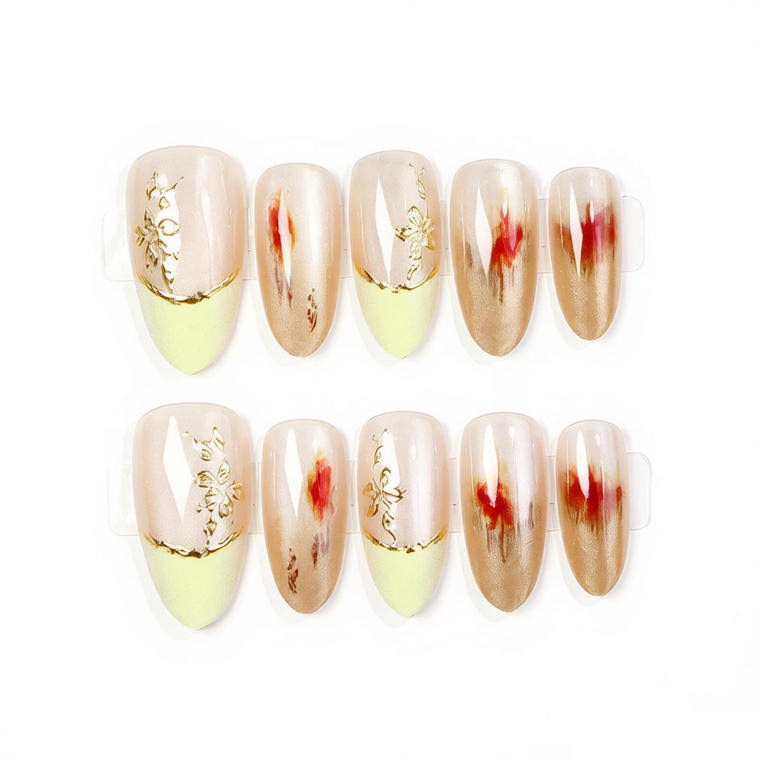 Elegant Press-On Nail Set with Floral Gold Accents Stornfield