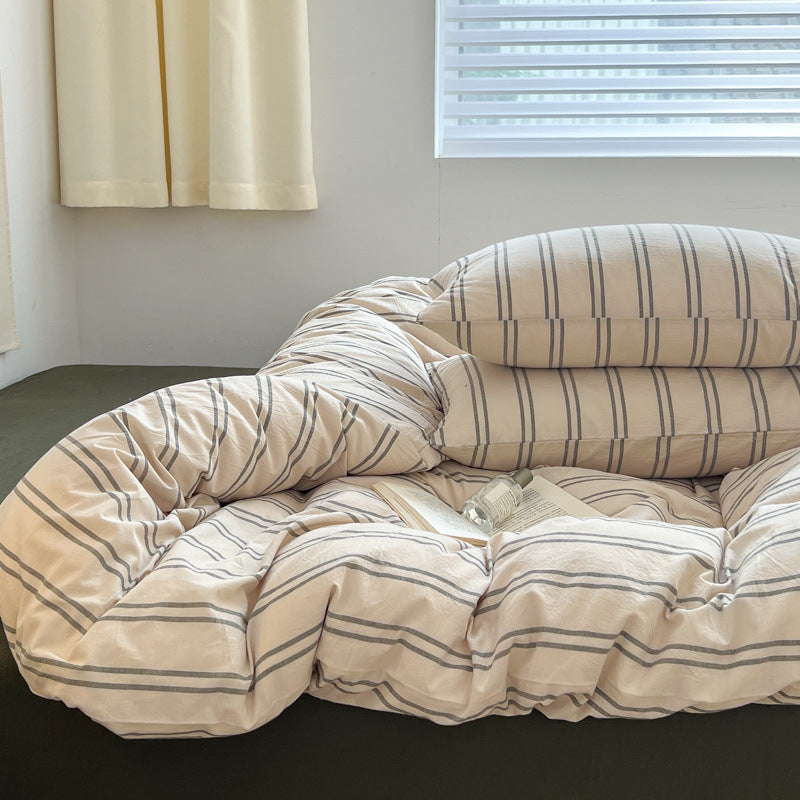 Reversible duvet cover set made of cotton renforce with fine check pattern and extra soft jersey fitted sheet