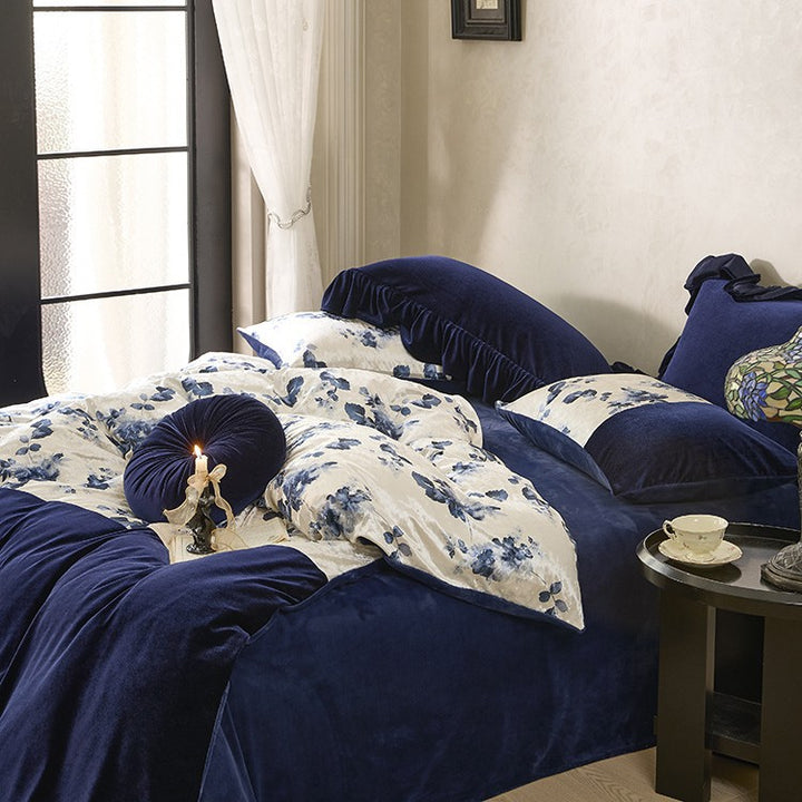 Premium velvet bedding set with floral satin contrast and decorative ruffled border