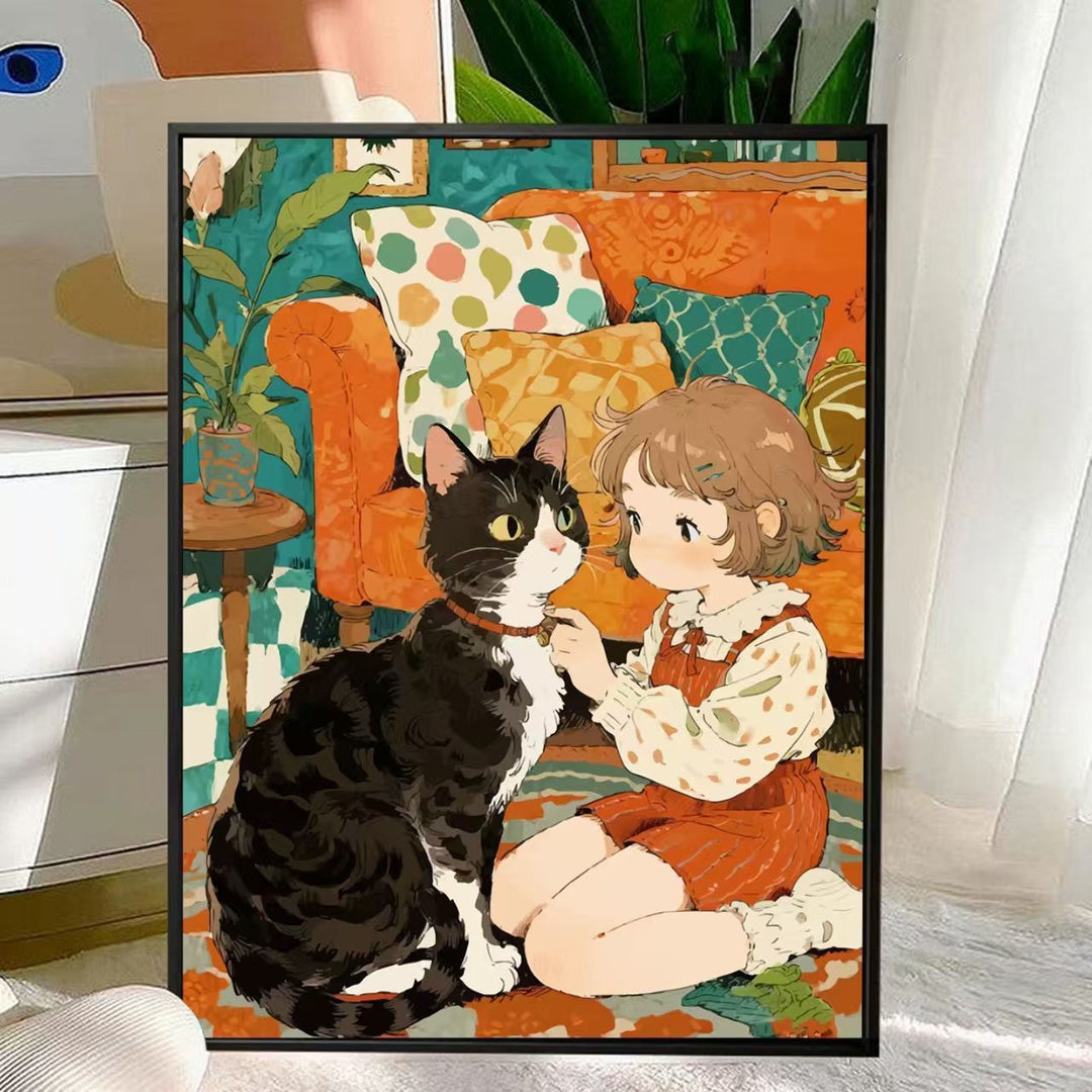 Cute Cat and Child Illustration Wall Art Stornfield