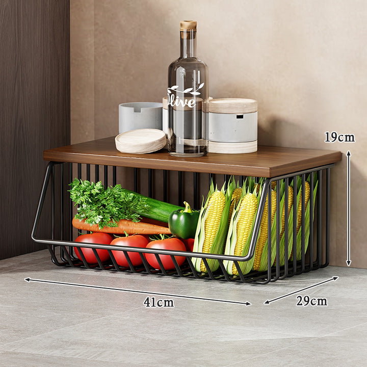 Vertical Five-Tier Rolling Kitchen Produce Storage Cart with Wooden Top and Pull-Out Wire Baskets