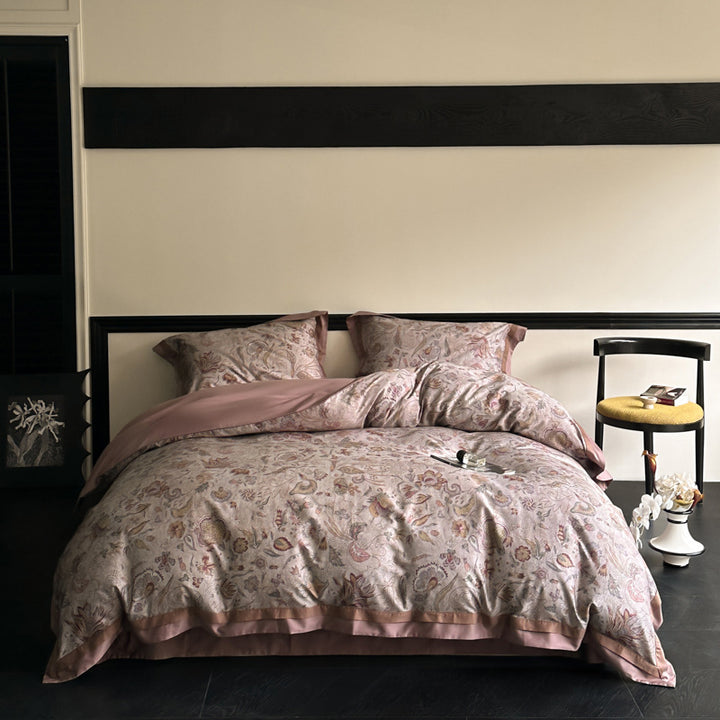 Reversible bedding set made of cotton satin with floral jacquard look and decorative hem
