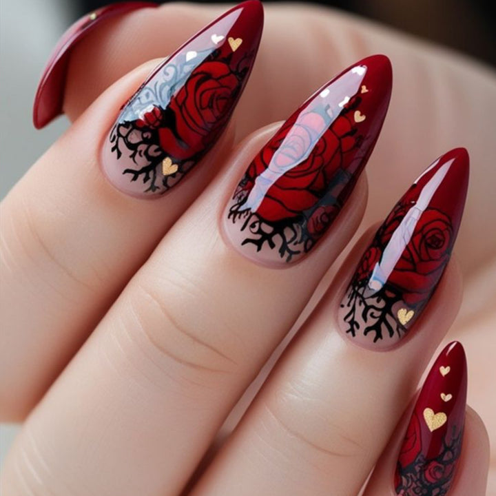 Gothic Rose-Design Stiletto Nail Art Extensions Stornfield