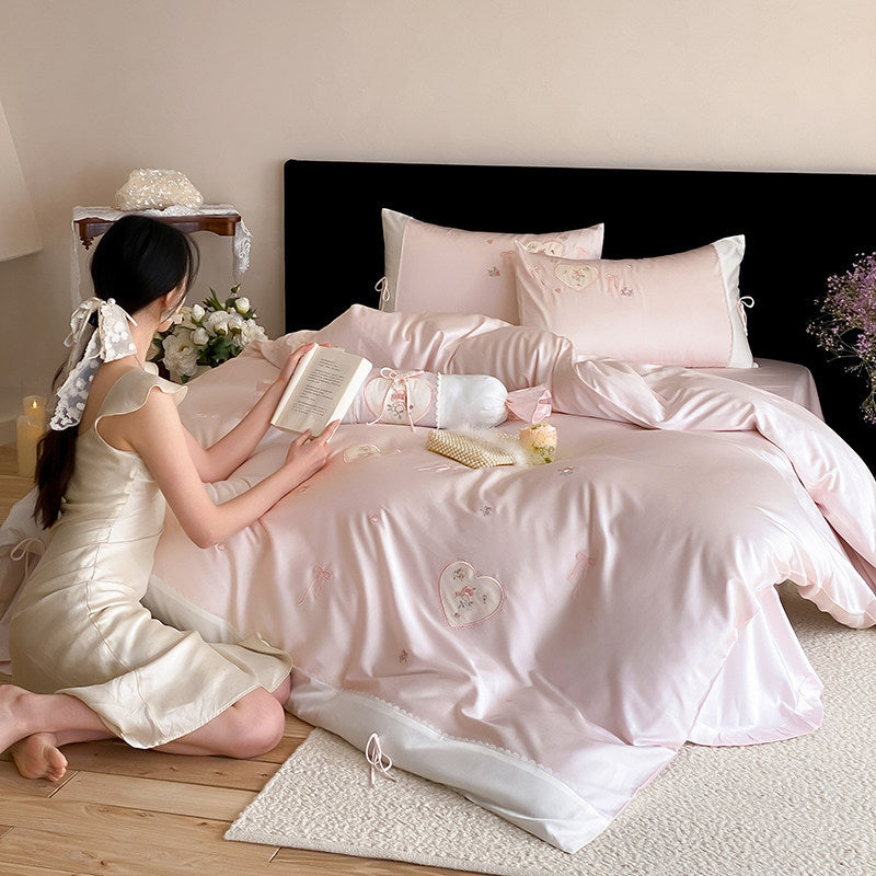 Romantic Embroidered Heart and Bow Satin-Trim Duvet Cover Set